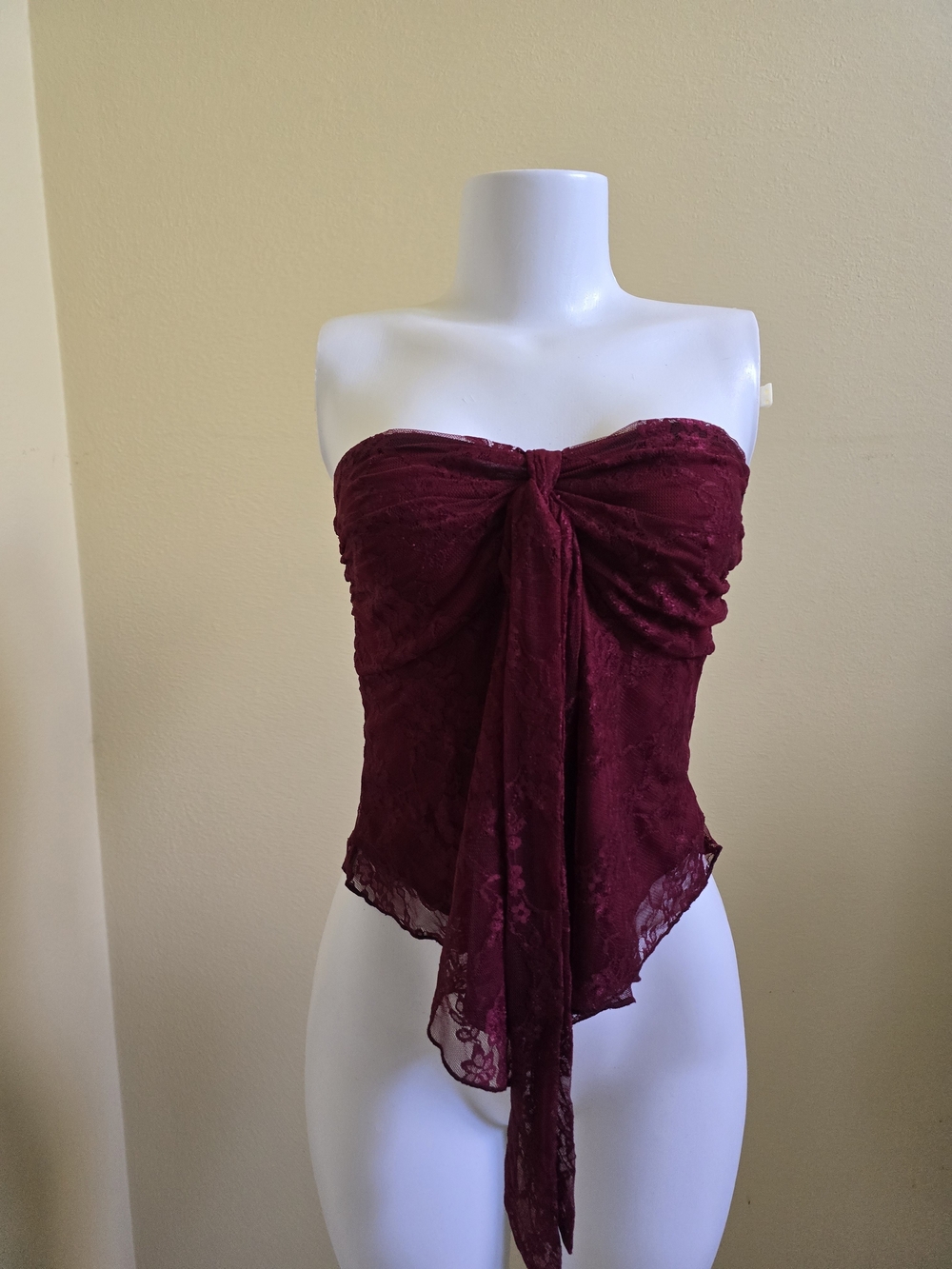 Brand New! Women’s Strapless Lace Tie-Front Bustier Top - Burgundy